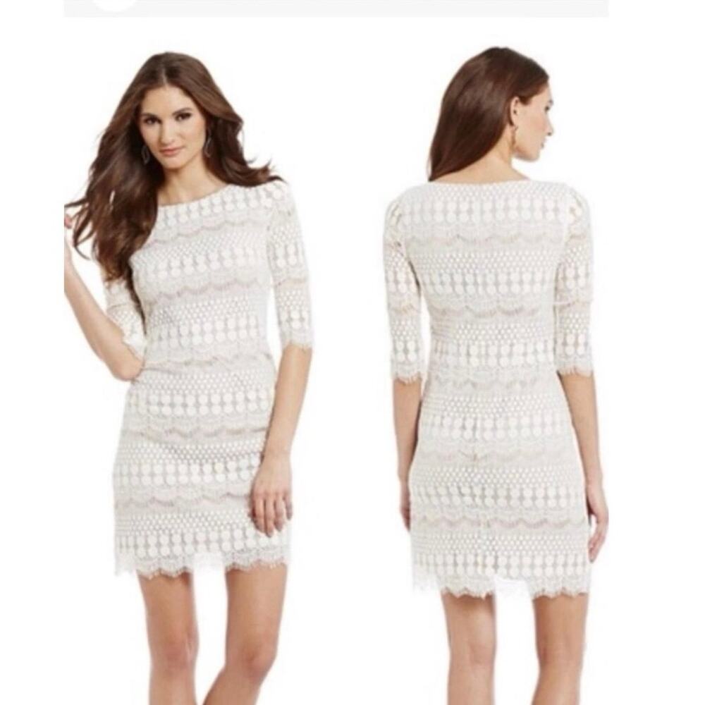 Jessica Howard 3/4 Sleeve Lined Ivory Lace Sheath Midi Dress Size 14P